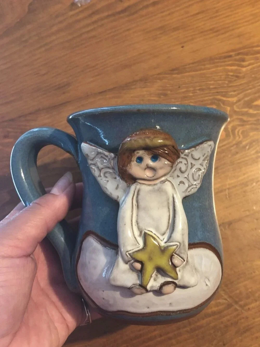 Vintage Blue Pottery Angel Mug Christmas - Handmade 3D Cherub with Star